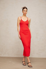 Laney Midi Dress Red Knit Pin Detail Calf Length