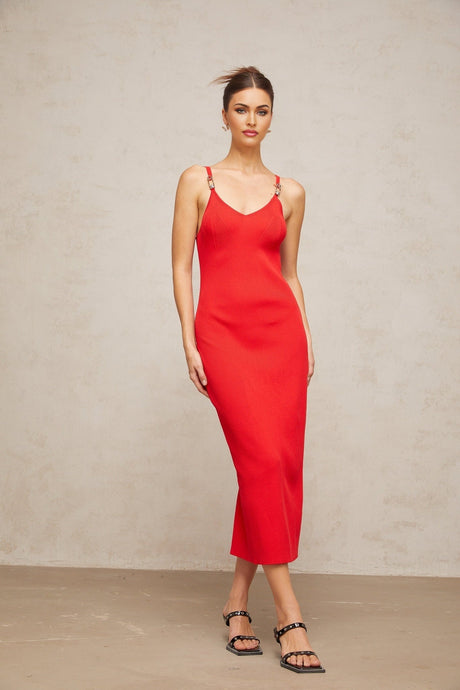 Laney Midi Dress Red Knit Pin Detail Calf Length