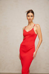 Laney Midi Dress Red Knit Pin Detail Calf Length