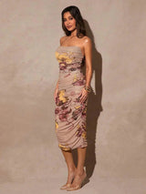 Laney Midi Dress - Strapless Neckline - Bodycon Fit - Elegant Style - Backless Ruched Split