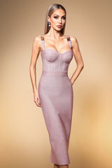 Laney Pink Bandage Maxi Dress V-Neckline Sleeveless Structured Bodice Shimmering Fabric Glamorous Straps Elegant Chic Sophisticated Glamour