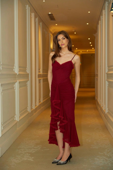 Laura Bold Red Maxi Dress with Sweetheart Neck and Front Slit