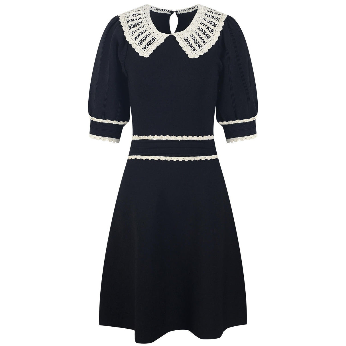 Laura Dress - A - Line Silhouette - Vintage - Inspired Lace Collar - Structured Fit - Puffed Sleeves