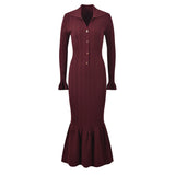 Laura Dress - Fitted Silhouette With Flare - Elegant Ribbed Design - Button Details - Tailored Fit With Flared Sleeves
