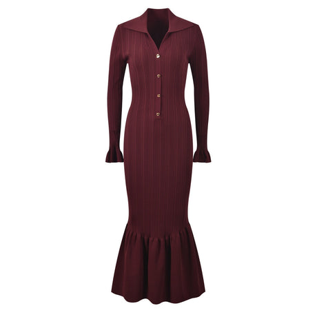 Laura Dress - Fitted Silhouette With Flare - Elegant Ribbed Design - Button Details - Tailored Fit With Flared Sleeves