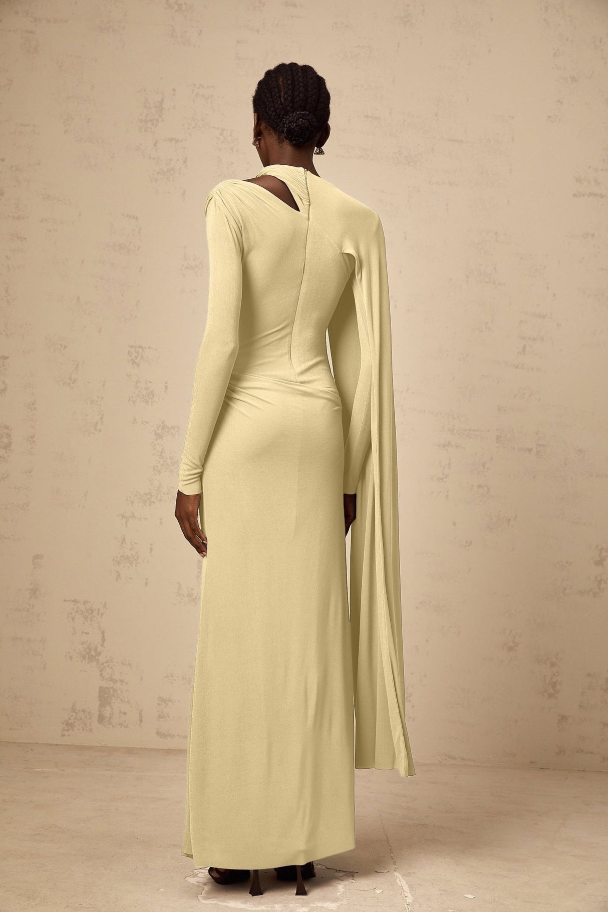 Laura Maxi Dress - Diagonal Shawl Draped Long Sleeves Silver Hardware Ruched Fitted Silhouette Zip Fastening Maxi Length