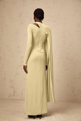 Laura Maxi Dress - Diagonal Shawl Draped Long Sleeves Silver Hardware Ruched Fitted Silhouette Zip Fastening Maxi Length