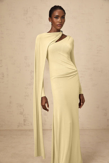 Laura Maxi Dress - Diagonal Shawl Draped Long Sleeves Silver Hardware Ruched Fitted Silhouette Zip Fastening Maxi Length