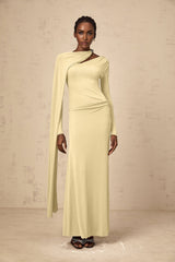 Laura Maxi Dress - Diagonal Shawl Draped Long Sleeves Silver Hardware Ruched Fitted Silhouette Zip Fastening Maxi Length