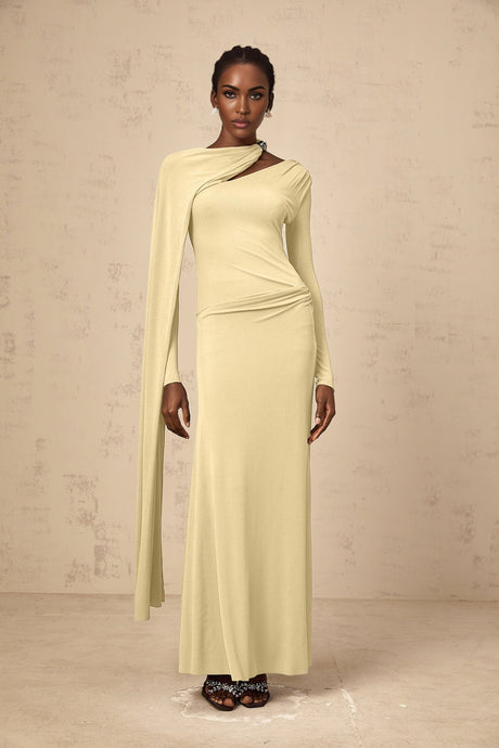 Laura Maxi Dress - Diagonal Shawl Draped Long Sleeves Silver Hardware Ruched Fitted Silhouette Zip Fastening Maxi Length