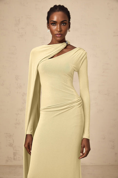 Laura Maxi Dress - Diagonal Shawl Draped Long Sleeves Silver Hardware Ruched Fitted Silhouette Zip Fastening Maxi Length