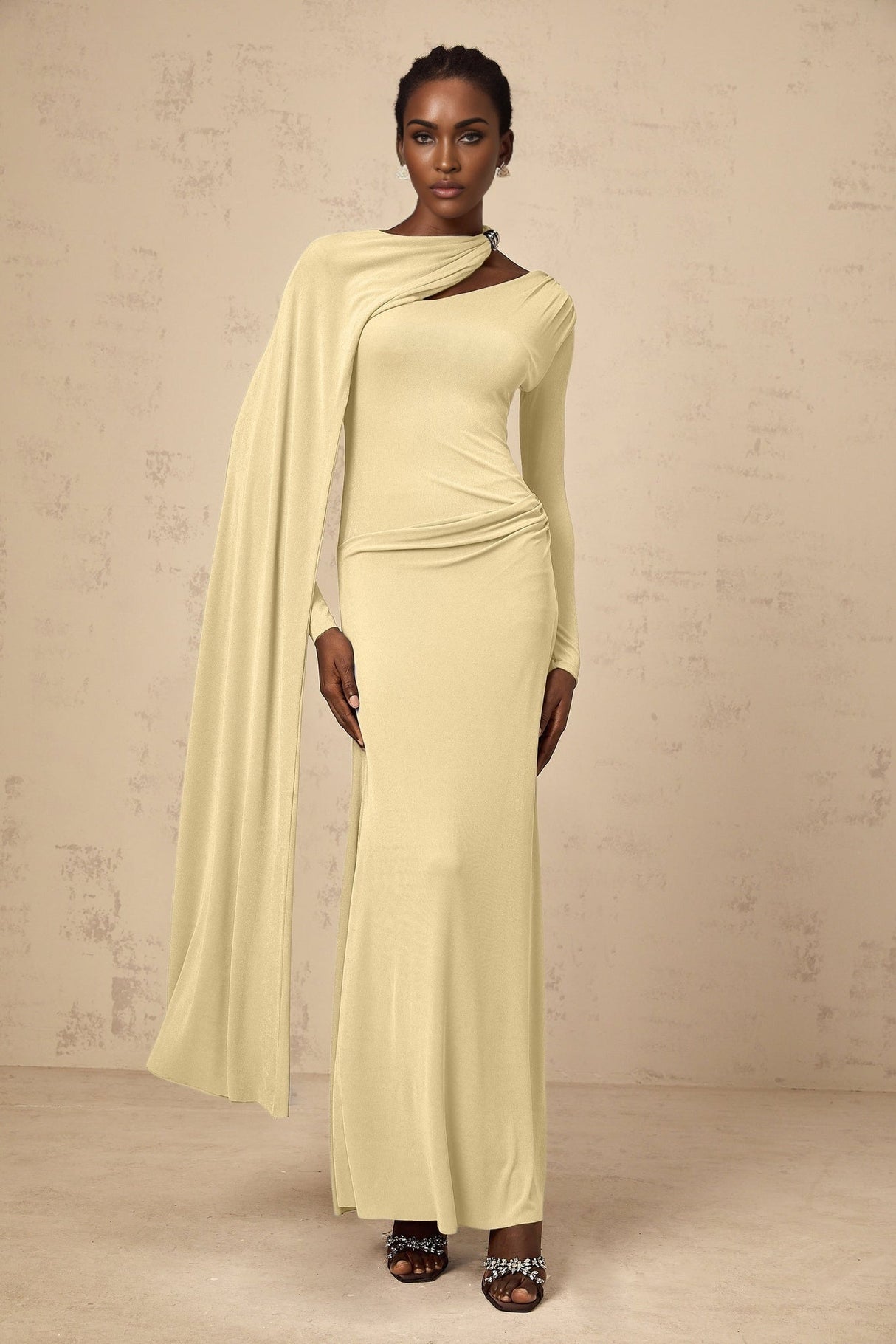 Laura Maxi Dress - Diagonal Shawl Draped Long Sleeves Silver Hardware Ruched Fitted Silhouette Zip Fastening Maxi Length