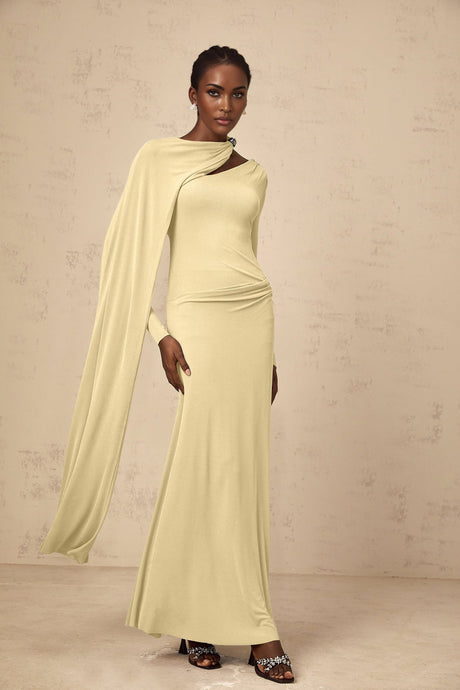 Laura Maxi Dress - Diagonal Shawl Draped Long Sleeves Silver Hardware Ruched Fitted Silhouette Zip Fastening Maxi Length