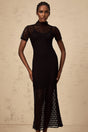 Laura Midi Dress Black Crochet Knit Semi Sheer flare & Slip On Style