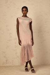 Laura Midi Dress Pink Ribbed Knit Tulle Panel Flattering & Asymmetrical