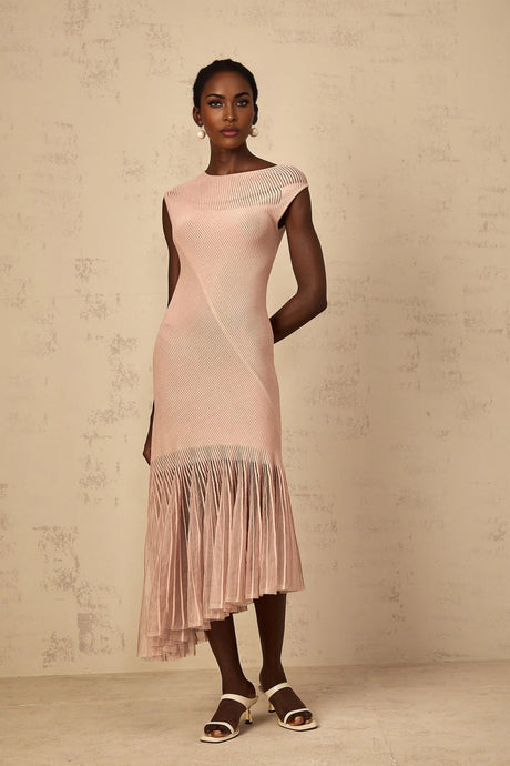 Laura Midi Dress Pink Ribbed Knit Tulle Panel Flattering & Asymmetrical