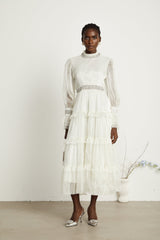 Laura Midi Dress White Crystal Sheer Sleeve Tiered Ruffled