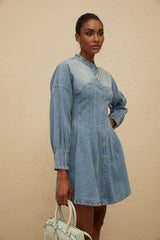 Laura Mini Dress - Denim - Crew Neck - Long Sleeves - Fitted Waistline - Flared Hem