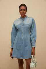 Laura Mini Dress - Denim - Crew Neck - Long Sleeves - Fitted Waistline - Flared Hem