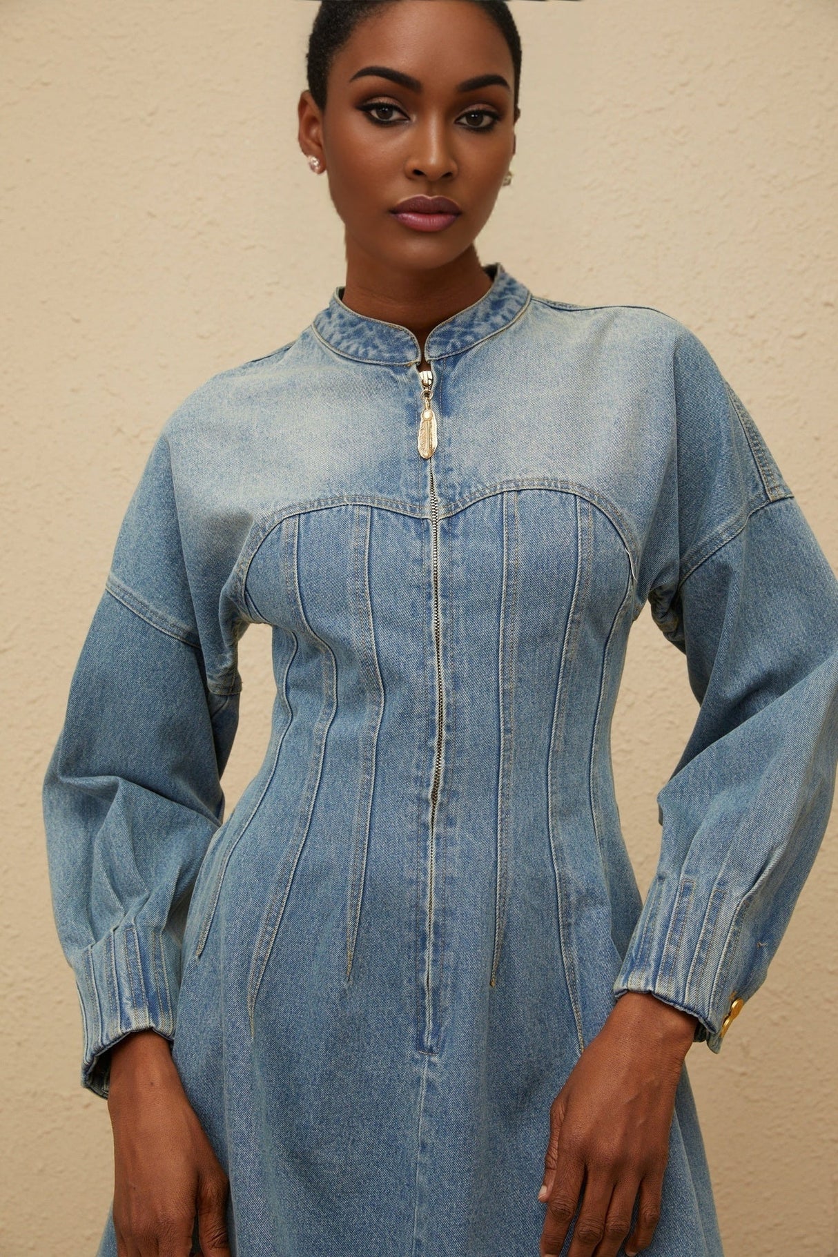 Laura Mini Dress - Denim - Crew Neck - Long Sleeves - Fitted Waistline - Flared Hem