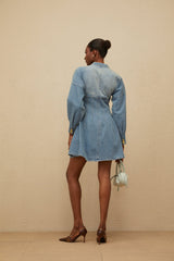 Laura Mini Dress - Denim - Crew Neck - Long Sleeves - Fitted Waistline - Flared Hem