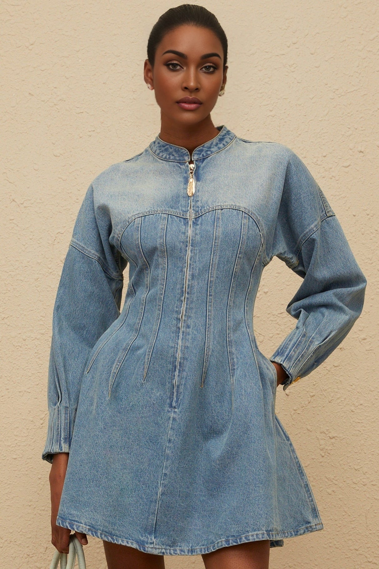 Laura Mini Dress - Denim - Crew Neck - Long Sleeves - Fitted Waistline - Flared Hem