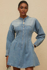 Laura Mini Dress - Denim - Crew Neck - Long Sleeves - Fitted Waistline - Flared Hem