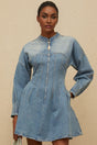 Laura Mini Dress - Denim - Crew Neck - Long Sleeves - Fitted Waistline - Flared Hem
