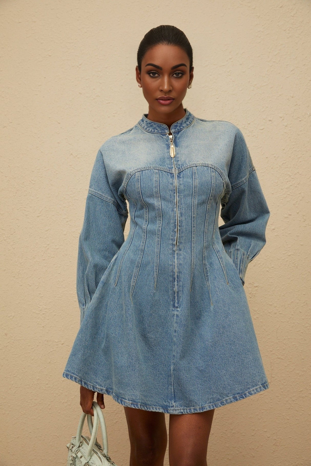 Laura Mini Dress - Denim - Crew Neck - Long Sleeves - Fitted Waistline - Flared Hem