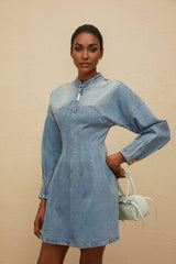 Laura Mini Dress - Denim - Crew Neck - Long Sleeves - Fitted Waistline - Flared Hem