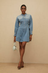 Laura Mini Dress - Denim - Crew Neck - Long Sleeves - Fitted Waistline - Flared Hem