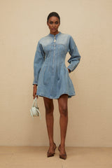 Laura Mini Dress - Denim - Crew Neck - Long Sleeves - Fitted Waistline - Flared Hem
