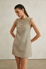 Laura Mini Dress Golden Tweed Sequin Crew Sleeveless Hem Zip