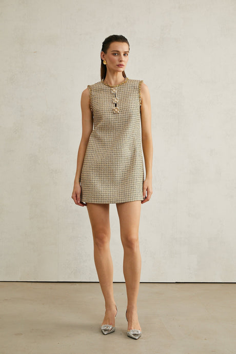 Laura Mini Dress Golden Tweed Sequin Crew Sleeveless Hem Zip