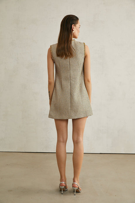 Laura Mini Dress Golden Tweed Sequin Crew Sleeveless Hem Zip