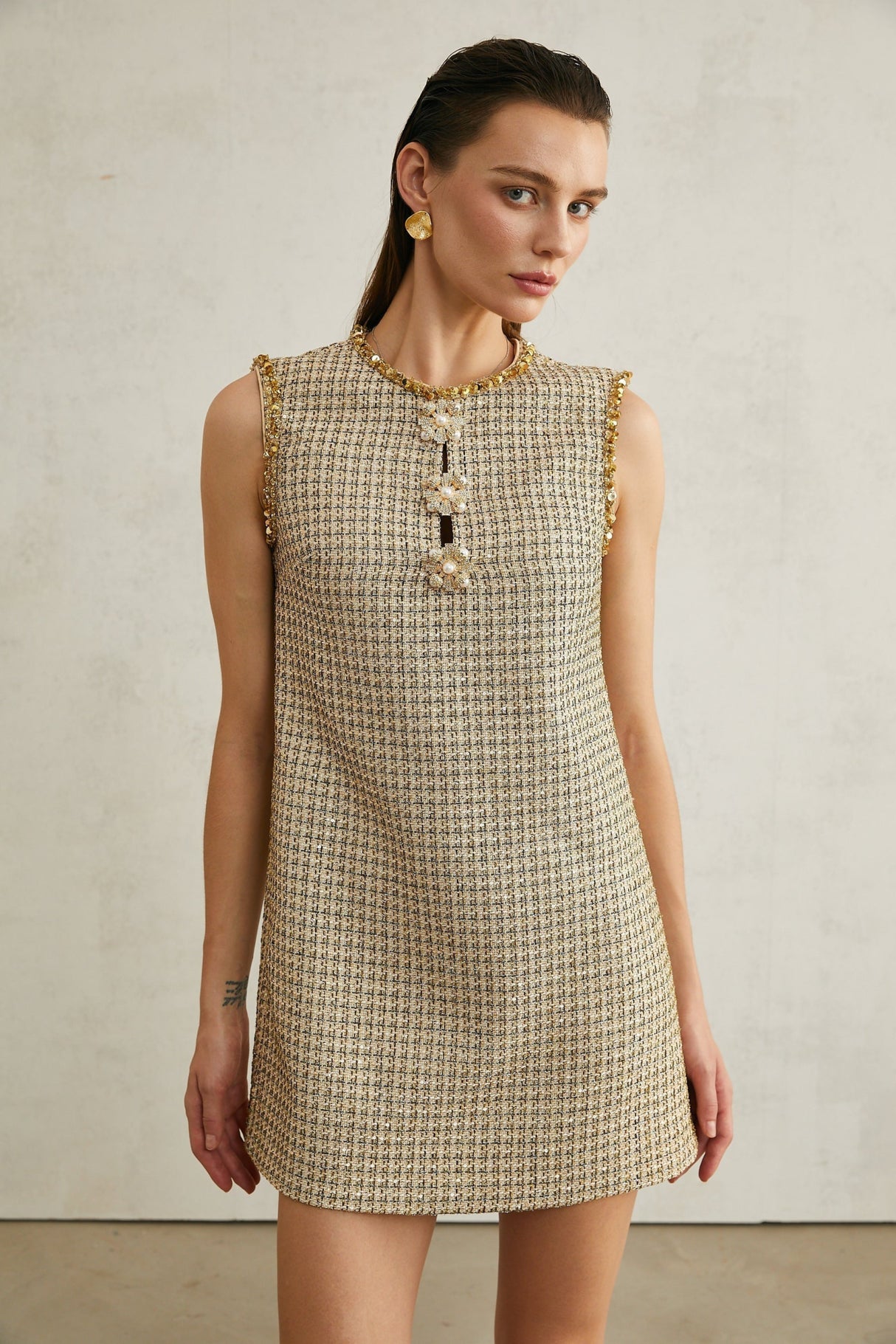 Laura Mini Dress Golden Tweed Sequin Crew Sleeveless Hem Zip