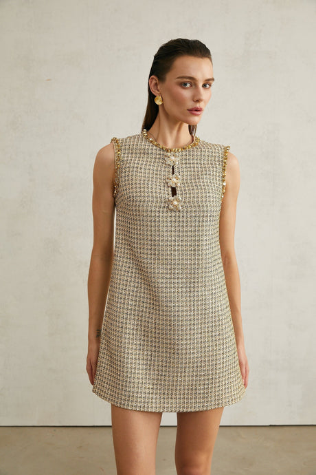 Laura Mini Dress Golden Tweed Sequin Crew Sleeveless Hem Zip
