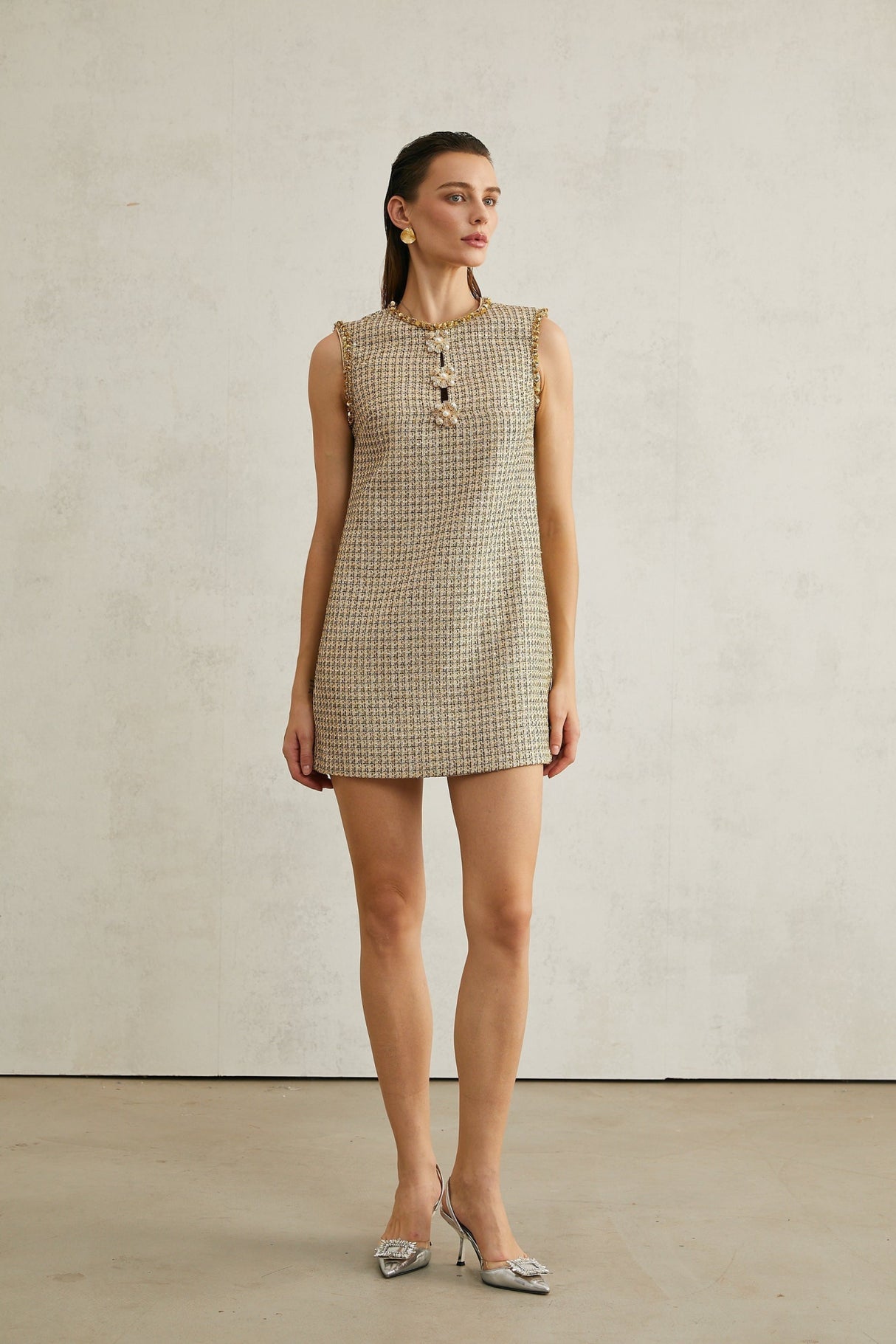 Laura Mini Dress Golden Tweed Sequin Crew Sleeveless Hem Zip