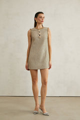 Laura Mini Dress Golden Tweed Sequin Crew Sleeveless Hem Zip
