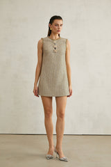 Laura Mini Dress Golden Tweed Sequin Crew Sleeveless Hem Zip
