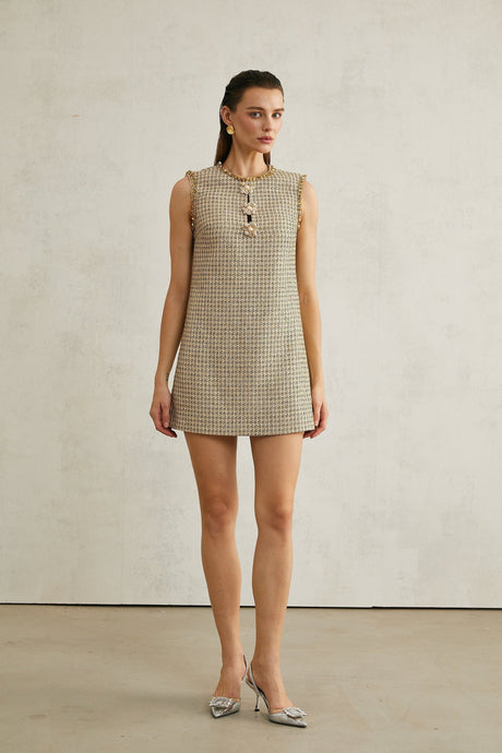 Laura Mini Dress Golden Tweed Sequin Crew Sleeveless Hem Zip