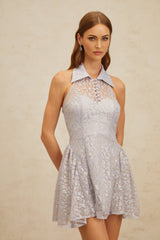 Laura Mini Dress - Halterneck Style - Floral Lace Detail - Puff Skirt - Built - In Cups - Rear Zip Fastening