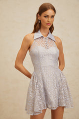 Laura Mini Dress - Halterneck Style - Floral Lace Detail - Puff Skirt - Built - In Cups - Rear Zip Fastening