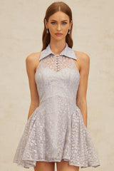 Laura Mini Dress - Halterneck Style - Floral Lace Detail - Puff Skirt - Built - In Cups - Rear Zip Fastening