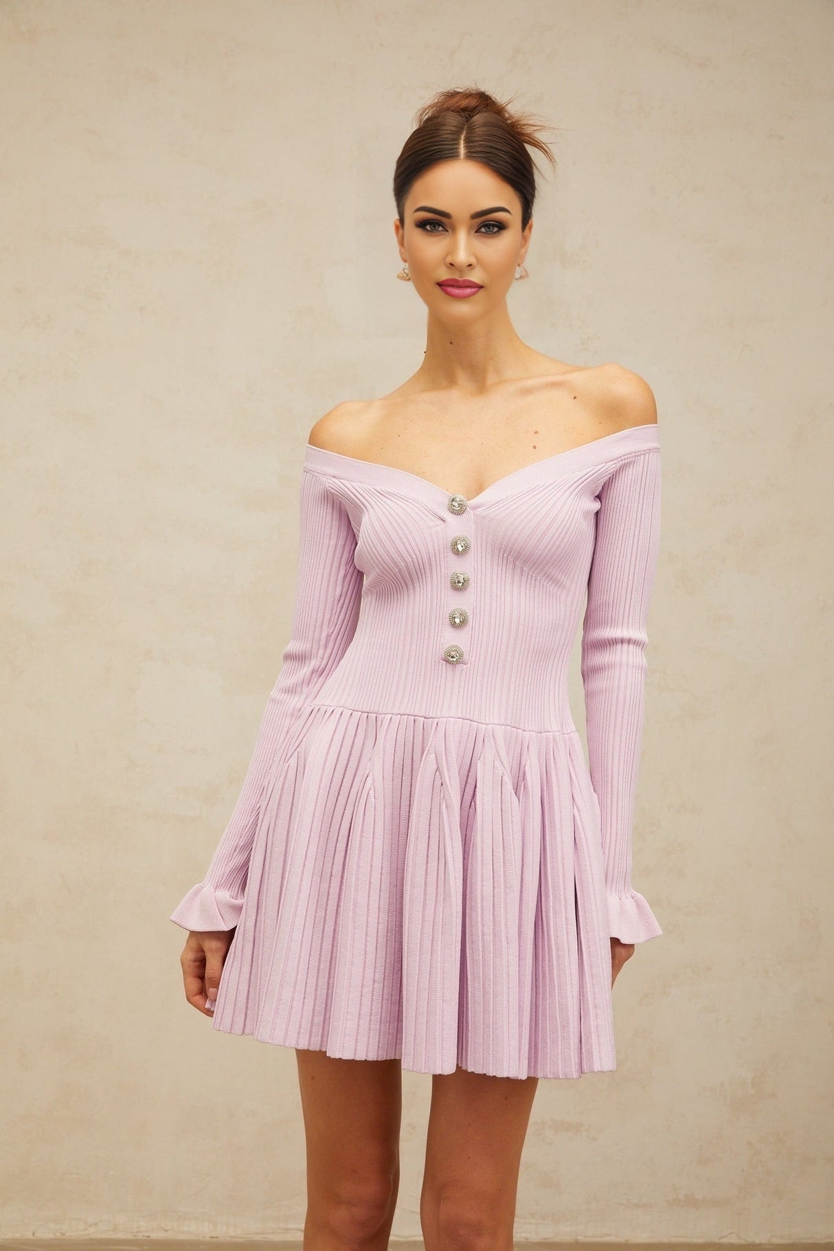 Laura Mini Dress Light Purple VNeck Off Shoulder Ribbed Knit