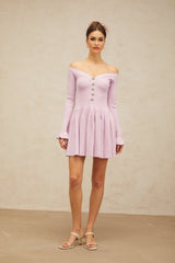 Laura Mini Dress Light Purple VNeck Off Shoulder Ribbed Knit