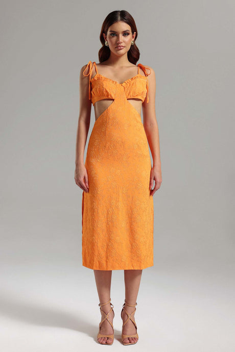 Laura Orange Floral Embroidered Halter Midi Dress