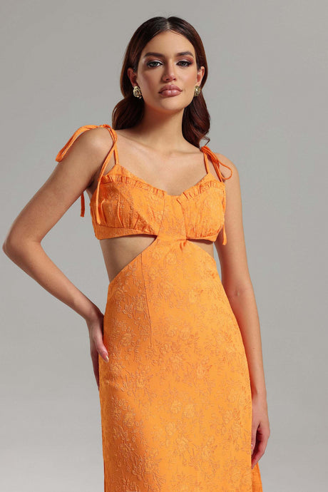 Laura Orange Floral Embroidered Halter Midi Dress