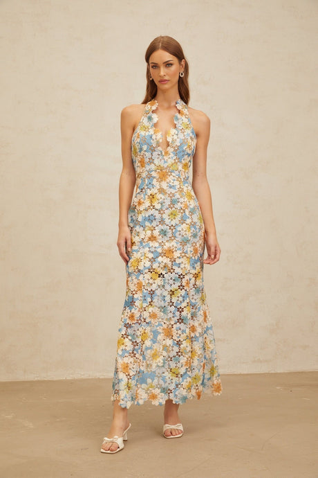 Lauretta Maxi Dress - Blue Floral Lace Cut - Out halter neck Sleeveless Open Back Fitted Flared Hem Elegant Chic Embroidery Fastening Feminine - Length Trendy