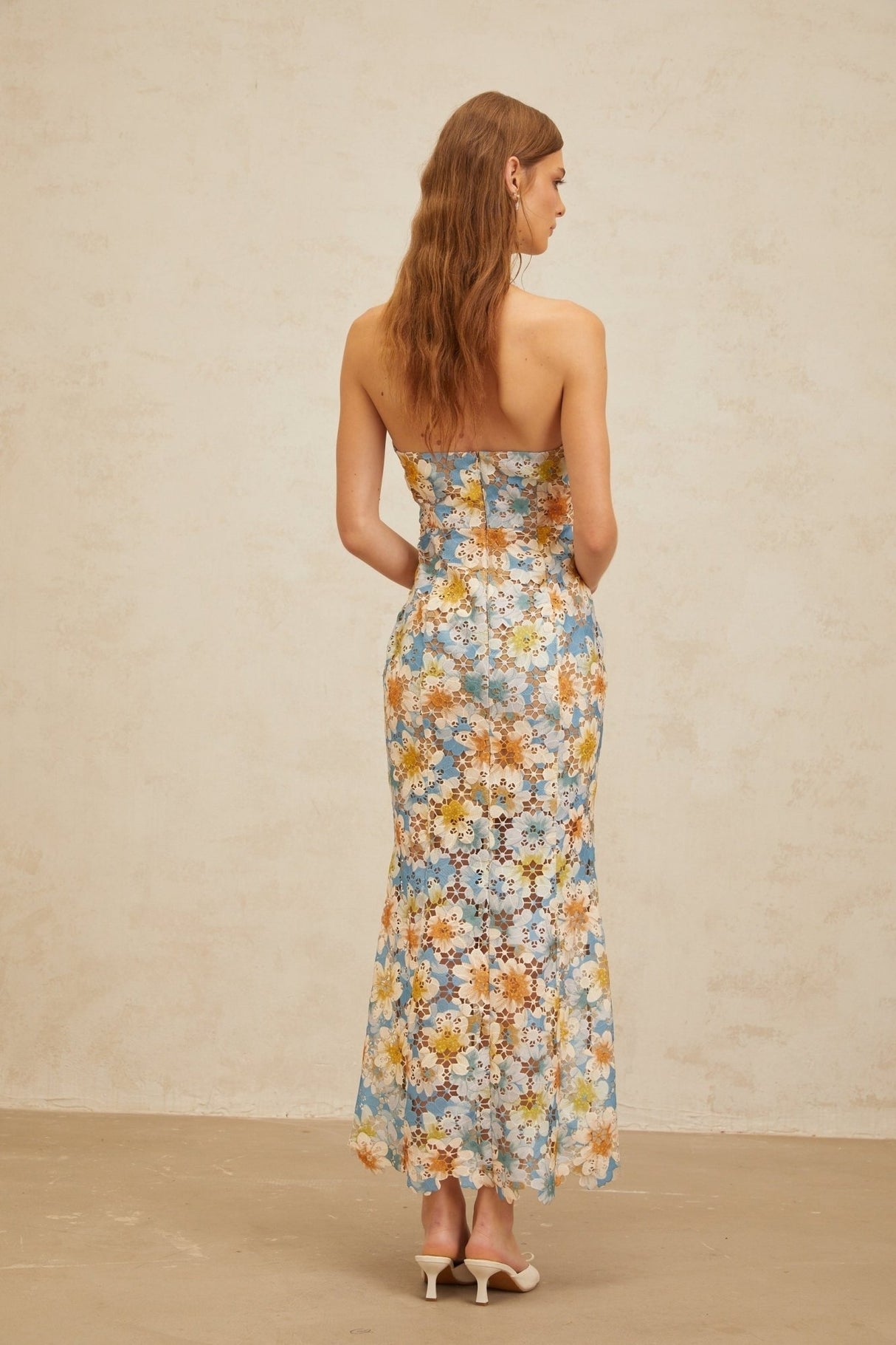 Lauretta Maxi Dress - Blue Floral Lace Cut - Out halter neck Sleeveless Open Back Fitted Flared Hem Elegant Chic Embroidery Fastening Feminine - Length Trendy